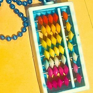 Abacus necklace charm vtg 80s plastic rare HTF w/aqua blue dog tag chain 24"